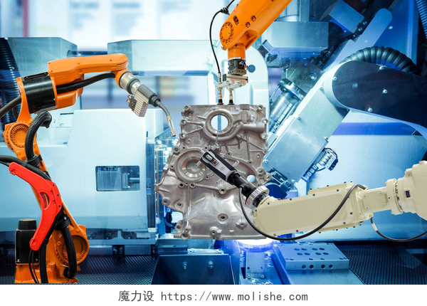 智能人工机械手智能厂汽车零部件工业机器人焊接、机器人夹持和机器人3D扫描、机器蓝调背景、工业4.0及工艺概念